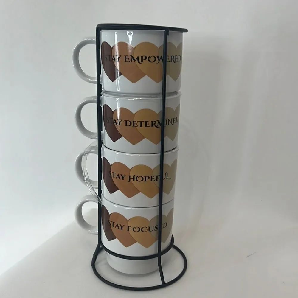 Motivational Coffee Mugs Set 4 With Metal Stand 16 Oz Each 12 In Tall 4 In Round